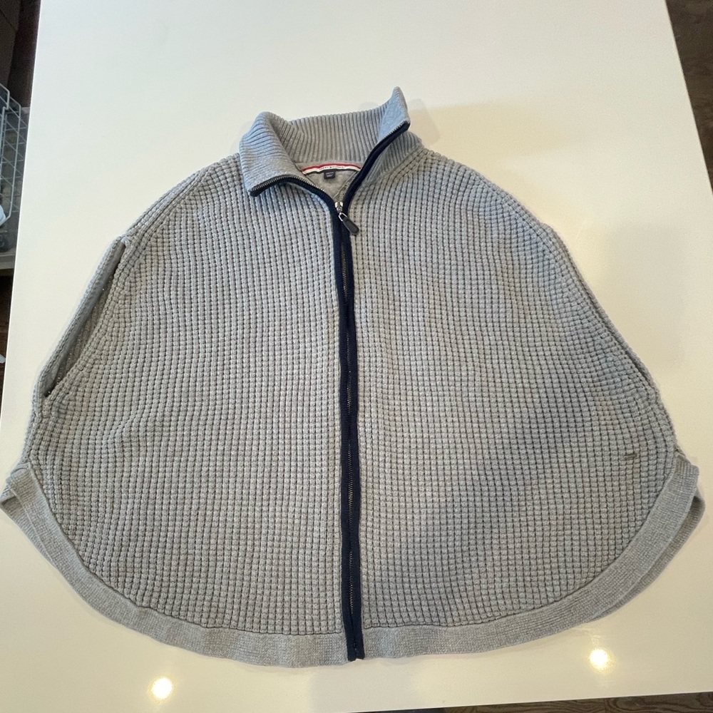 Tommy Hilfiger 100% Cotton Gray Zip-Up Sweater Poncho Cape One Size